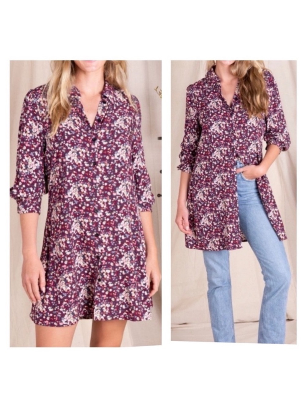 Natural Life Twiggy Mini Shirtdress Size S Burgundy Floral Boho Cottage